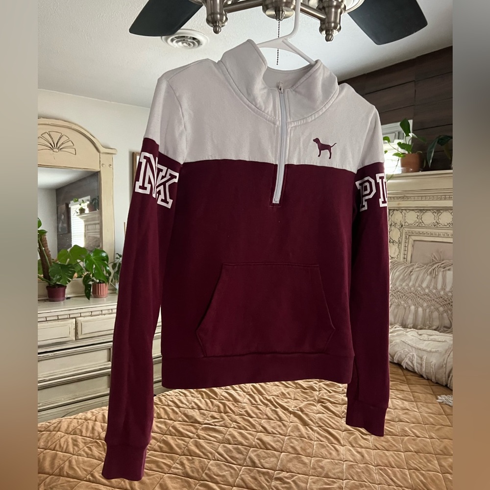 Victoria’s Secret Pink Quarter Zip Up Jacket Maroon White Womens Small